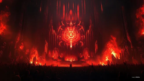 Fiery cathedral of shadows and a rising crimson omen.