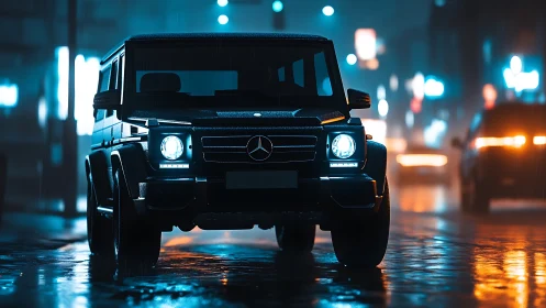 Midnight SUV prowl under neon rainlit city streetscape.
