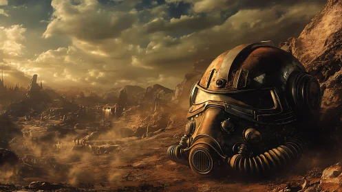 Fallen power armor helmet rests in a scorched wasteland.