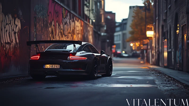 Rear-angle GT sports car in dusk-lit urban alleyway scene.