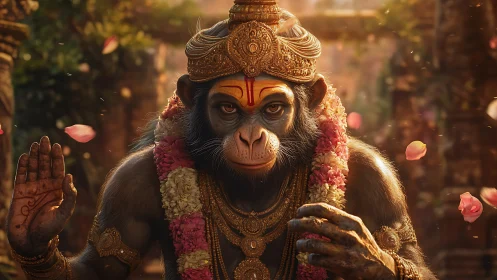 Monkey figure in ornate ritual attire before temple backdrop.