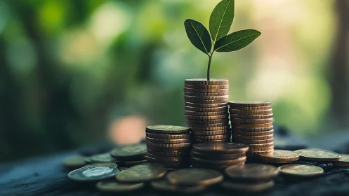 Green sprouts on coin towers promise patient, ethical profit.