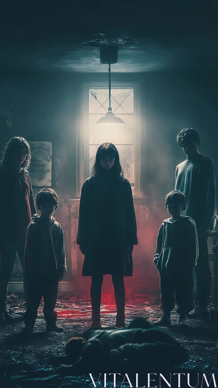 Dark group of children in eerie red lit room scene.