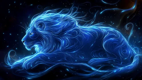Glowing blue energy lion resting in a cosmic night scene.