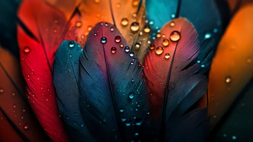 Iridescent bird feathers shimmer under glistening droplets.
