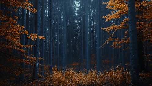 Autumn Forest in Mist. Golden leaves contrast dark forest silhouettes