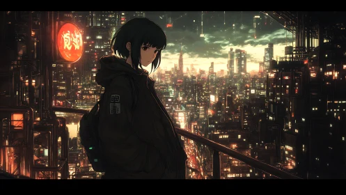 Solitary girl on elevated rail in neon cyberpunk megacity night