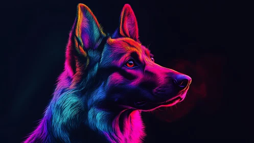 Neon-lit German shepherd portrait in vivid profile view.