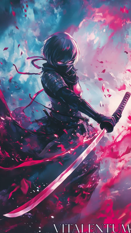Neon-eyed rogue samurai stands amid swirling crimson petals.