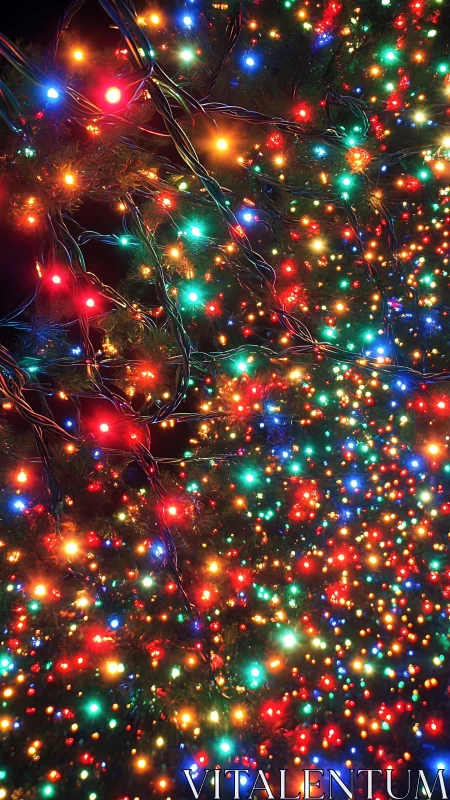 Dazzling tangle of multicolored festive string lights at night.
