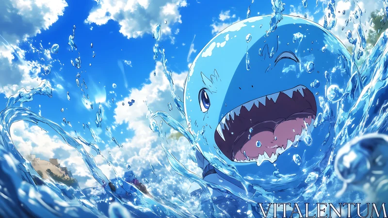 Playful cartoon shark splashes joyfully under bright skies