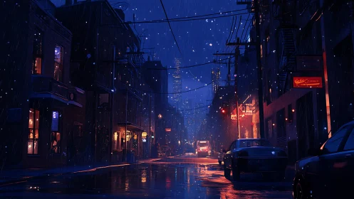 Nocturnal city alley with rainfall and distant skyline view.