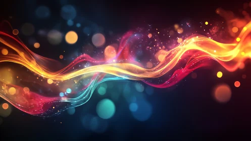 Multicolored light waves with bokeh circles on dark background.