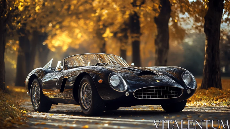 Shimmering classic black roadster glows in golden autumn light