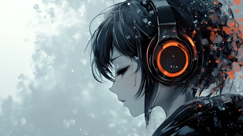 Snow-dimmed dreamer in neon headphones drifting through sound.