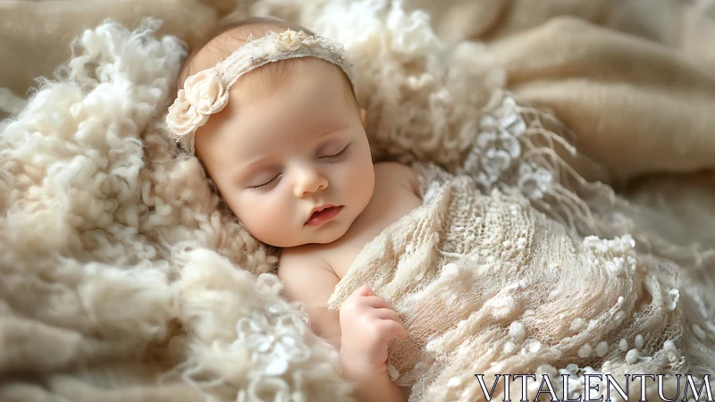 Sleeping Newborn in Cream Knit Wraps and Floral Headband.