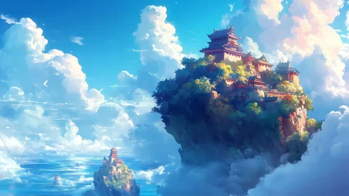 Floating island complex with layered temples in bright sky.