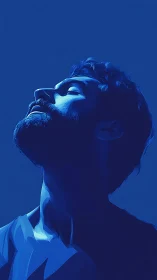 Monochrome blue male side portrait with upward gaze lighting