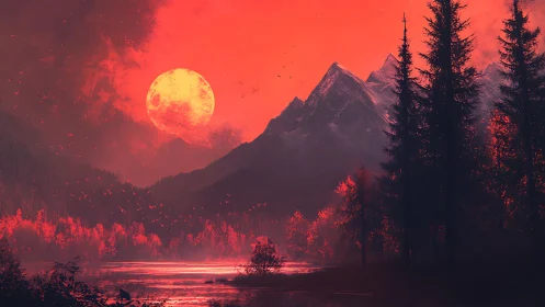Blood-red sky illuminates dark mountains and forest