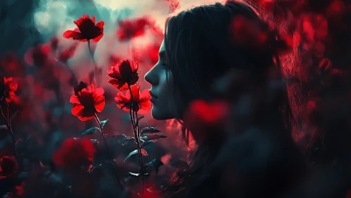 Side-profile portrait in neon red and cyan floral bokeh lighting
