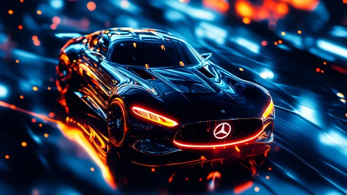 Mercedes concept sports car on neon-lit reflective roadway.