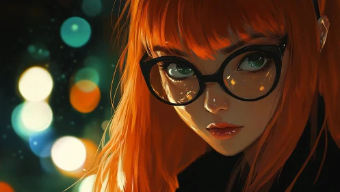 Neon-lit redhead portrait with reflective oversized glasses.
