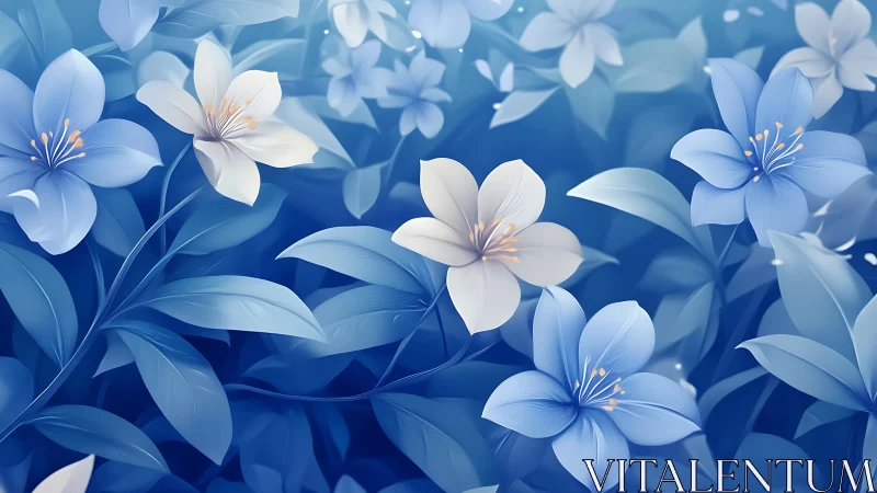 Blue and white botanical flowers rendered in soft digital illustration