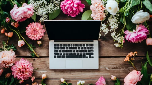 Laptop with black screen centered among colorful flowers