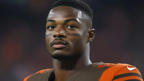 Gridiron portrait with stadium bokeh and cinematic lighting.