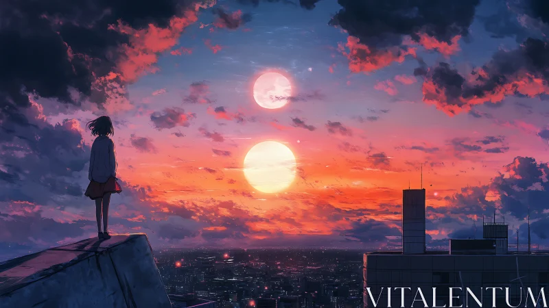 Girl watches twin suns over glowing futuristic city skyline