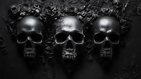 Three glossy black skulls in dark sculpted relief artwork.
