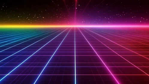 Neon grid horizon with starfield in retro digital landscape.
