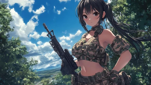 Camouflage clad soldier holds rifle under partially cloudy sky