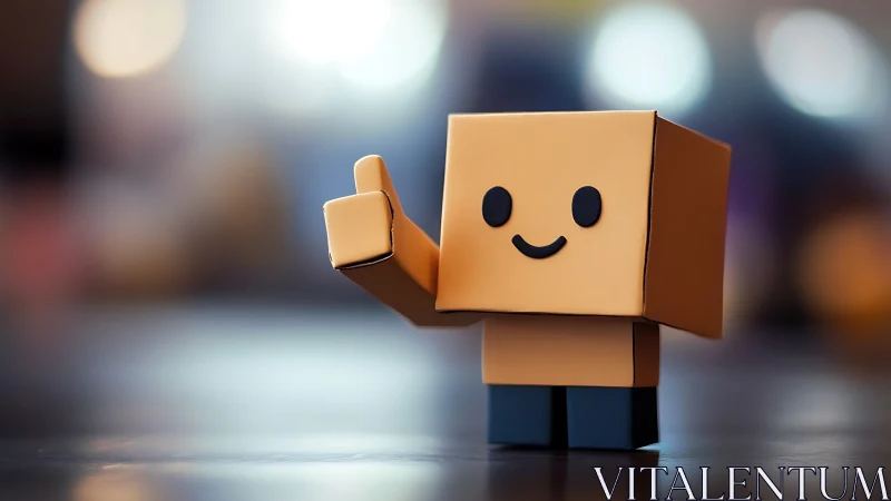Boxy toy character giving thumbs up on blurred background.