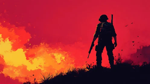Digital painting silhouette soldier against incendiary horizon.