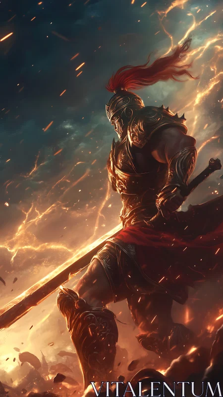 Fiery armored warrior strides forward through the storm.