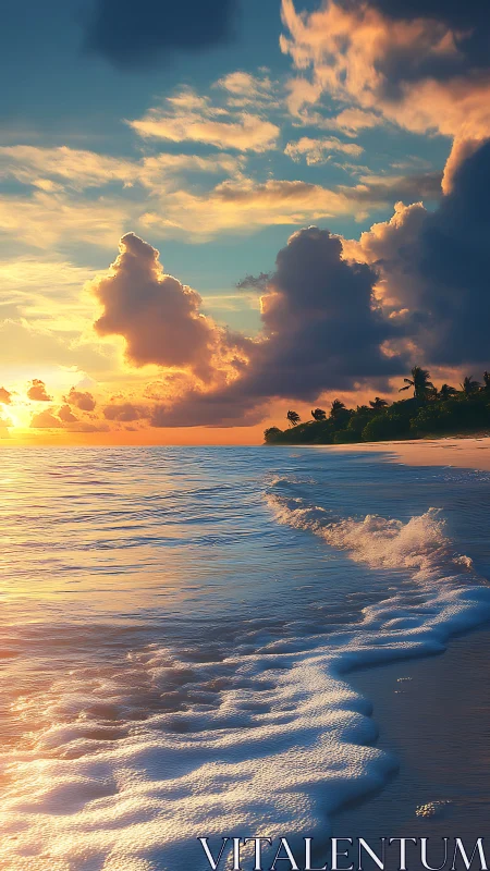 Golden hour shoreline with luminous clouds and surf glow.