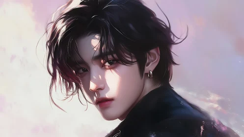 Soft lit portrait of androgynous figure with dark hair.