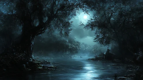 Moonlit river in dense forest under overcast night sky.
