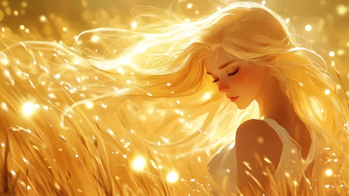 Golden summer breeze embraces a dreamy girl in warm light