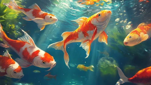 Koi fish gliding through sunlit pond in vivid motion.