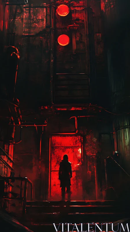 Crimson doorway swallows the lone explorer in rusted steel