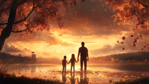 Silhouetted adult and children by autumn lake at sunset.