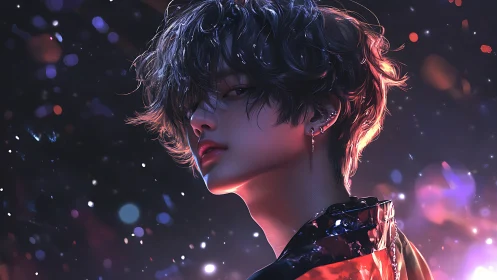 Starlit rebel tilts their gaze beneath neon-dusted night