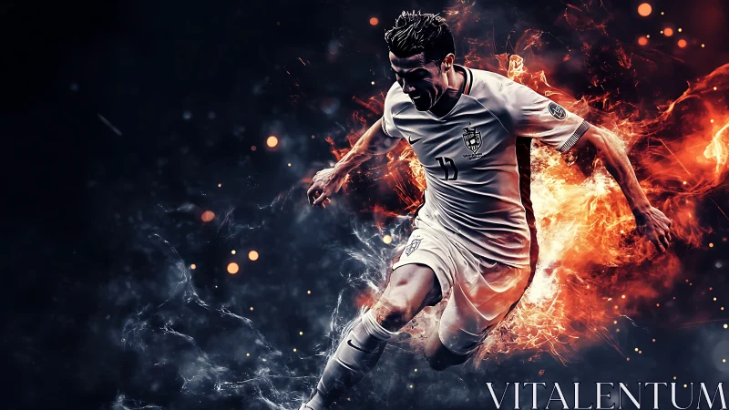 Dynamic digital art of soccer player with fiery effects.
