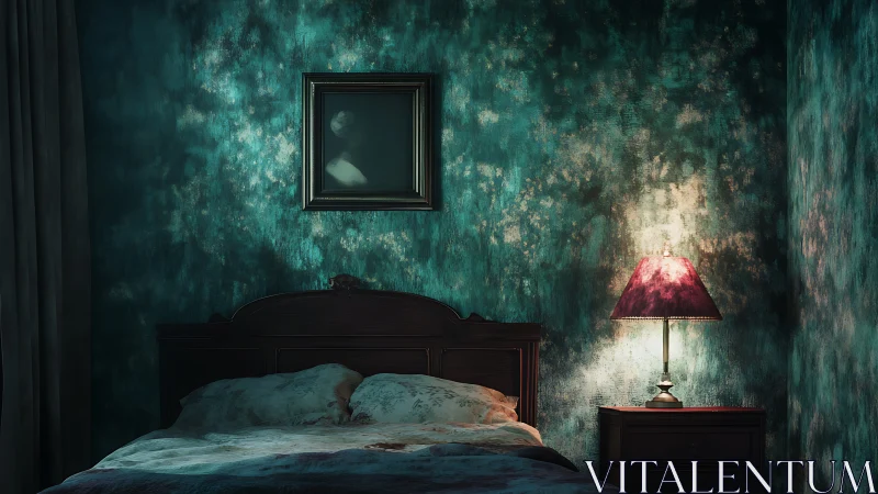 Low-key bedroom interior with teal patina walls and lamplit bed