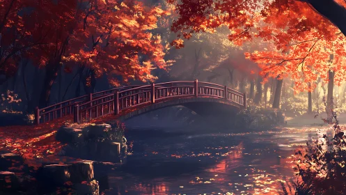 Autumn bridge over reflective river in cinematic digital light.