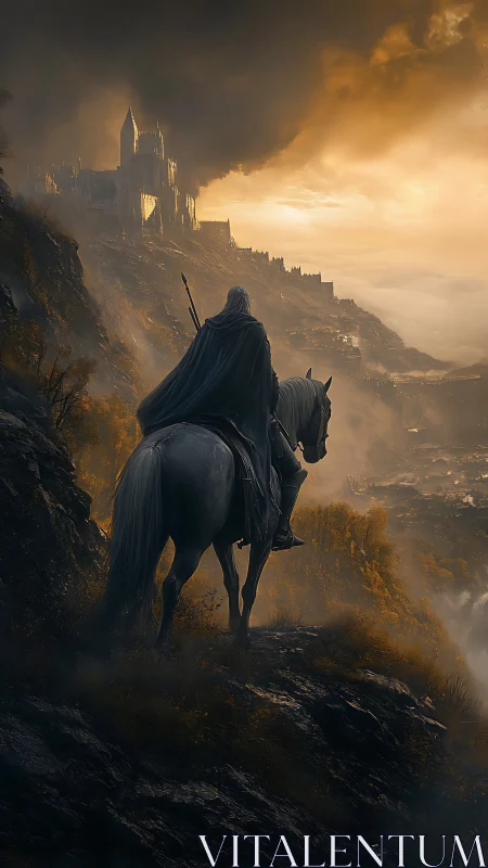 Lone rider surveys stormlit castle on a brooding cliff