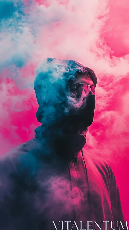 Hooded figure in neon smoke stands in vivid contrast.