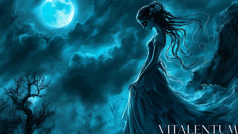 Moonlit spectral maiden in stormy cyan nocturnal landscape.
